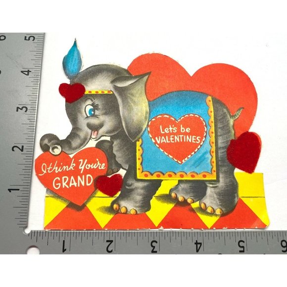Valentines Day Vintage Greeting Card Circus Elephant Hearts Flocked 40s - Picture 3 of 6